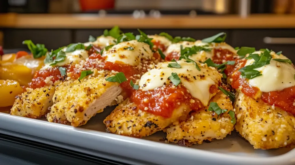 Crispy Air Fryer Chicken Parmesan topped with marinara, melted mozzarella, and fresh basil.