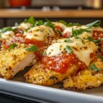 Crispy Air Fryer Chicken Parmesan topped with marinara, melted mozzarella, and fresh basil.