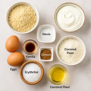 Ingredients for Healthy Air Fryer Honey Bun Cake including almond flour, Greek yogurt, erythritol, and stevia