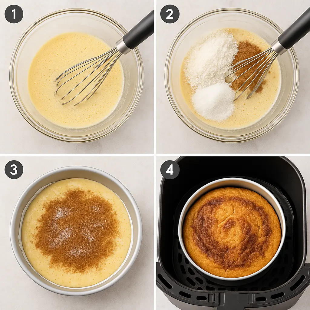Step-by-step process for making healthy air fryer honey bun cake with almond flour and erythritol