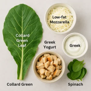 Low-carb grilled cheese burrito ingredients including collard greens, low-fat mozzarella, Greek yogurt, grilled chicken, and spinach