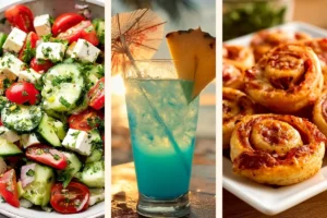 Fresh Greek salad, tropical blue cocktail, and golden puff pastry rolls displayed side by side.