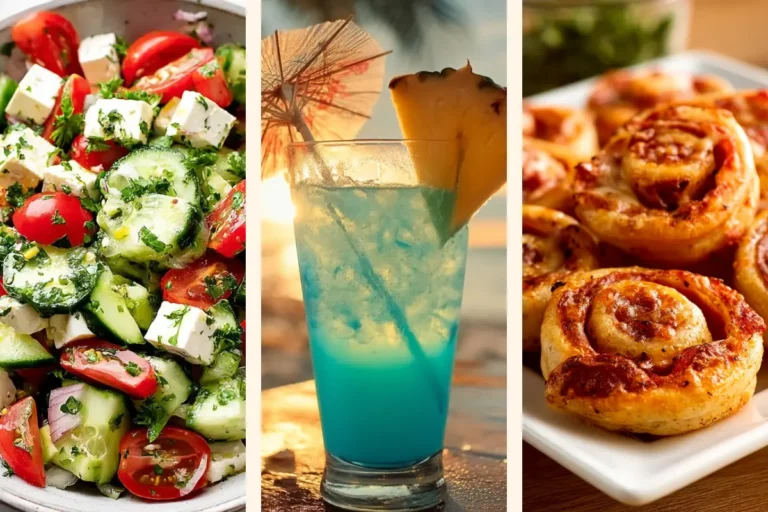 Fresh Greek salad, tropical blue cocktail, and golden puff pastry rolls displayed side by side.