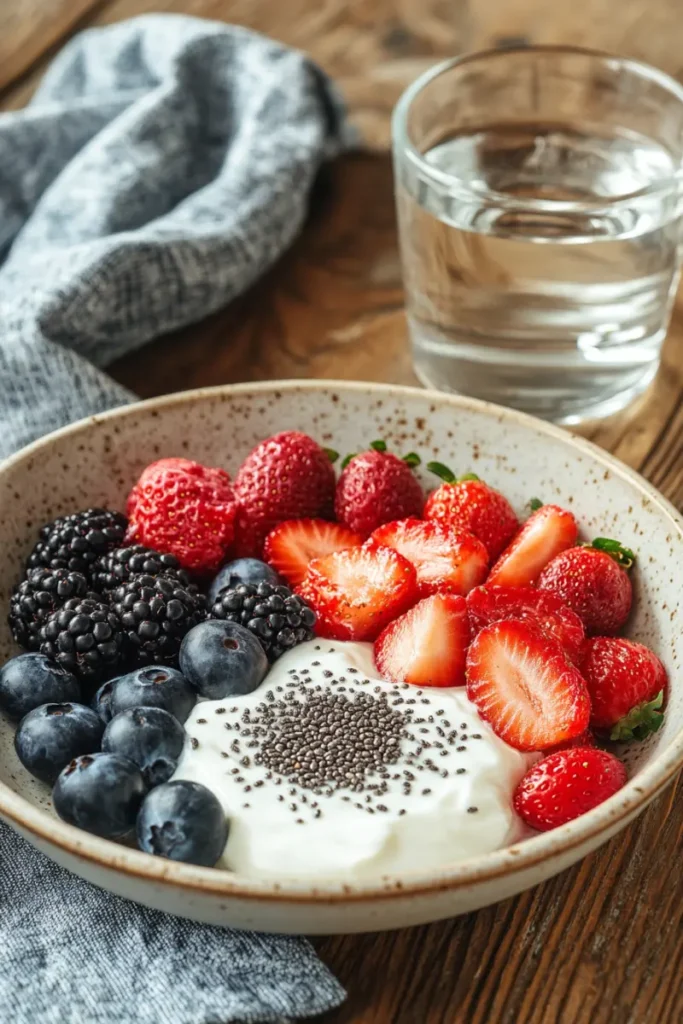 Bowl of Greek yogurt topped with fresh berries and chia seeds with a glass of water