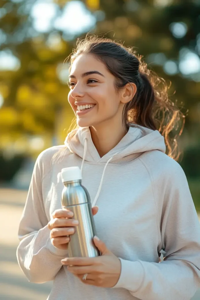 Smiling woman in casual activewear holding a metallic water bottle outdoors