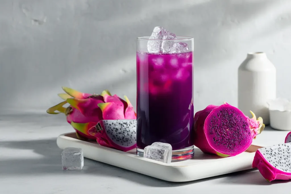 Purple Peel Exploit drink in a glass with ice and fresh dragon fruit halves