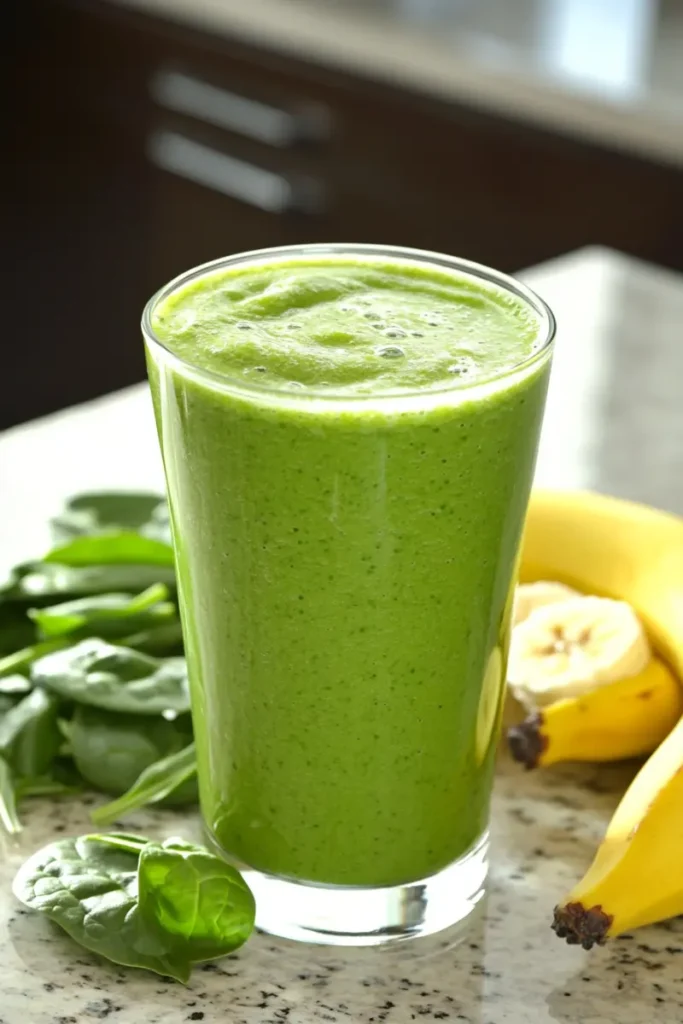 Green smoothie made with spinach and banana served in a glass