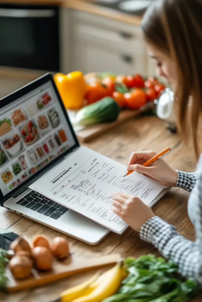 Woman planning meals using a printable diet guide and a laptop in a modern kitchen