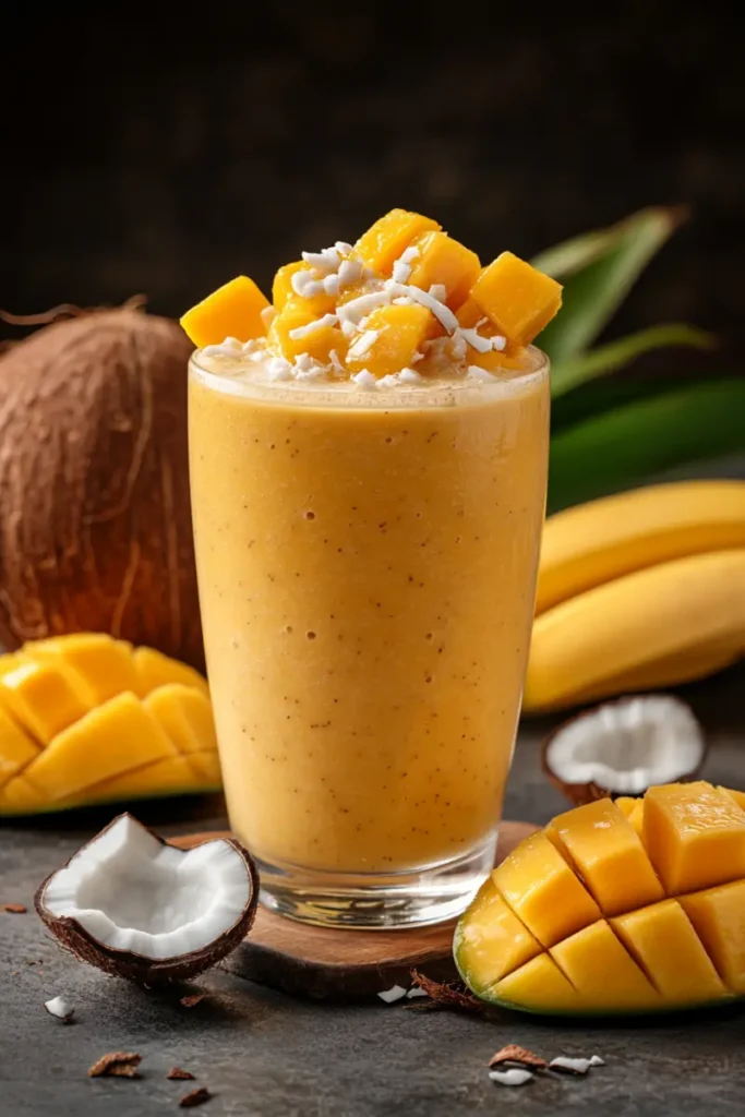 Brazilian Mounjaro recipe smoothie with tropical mango coconut topping