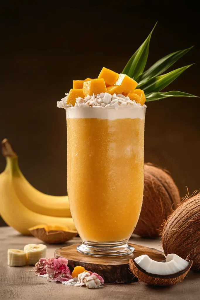 Brazilian Mounjaro smoothie rustic style with mango coconut