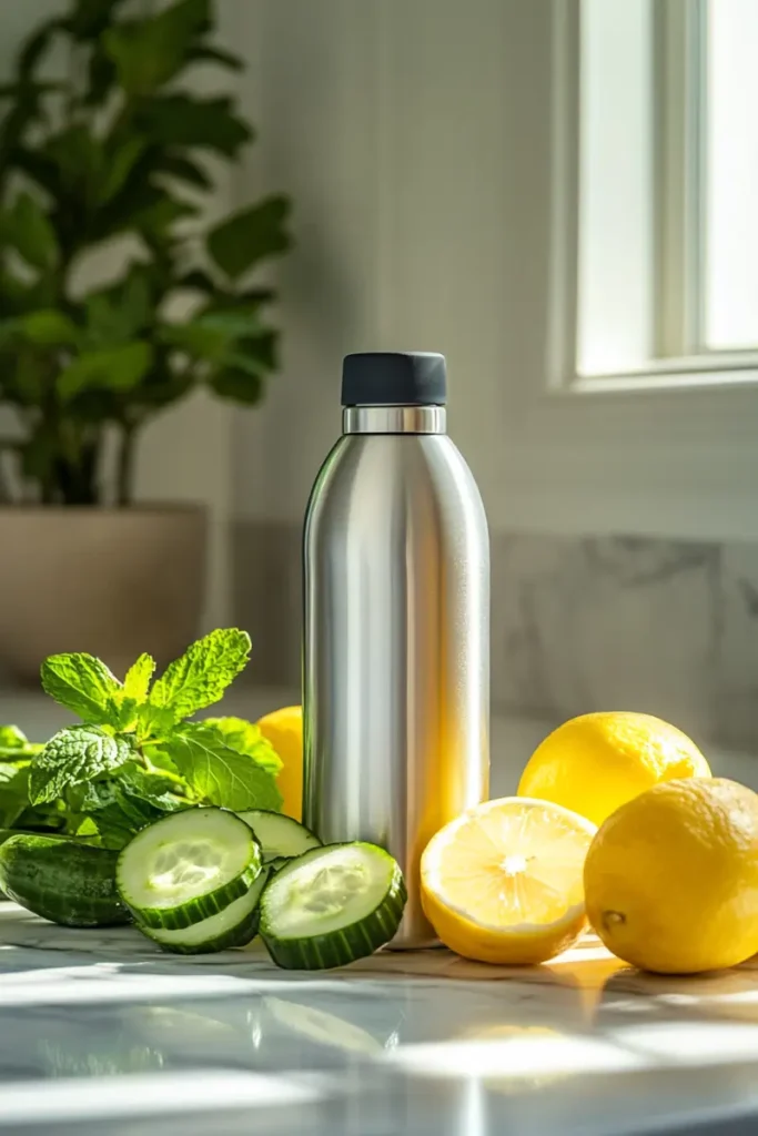 Metallic water bottle with fresh lemons, cucumber slices, and mint on a marble countertop