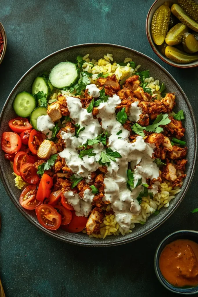 Chicken Shawarma Rice Plate with Fresh Herbs and Creamy Sauce