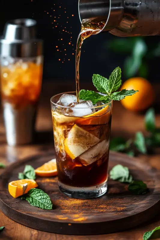 Iced Brazilian coffee mocktail with orange slice and splash pouring