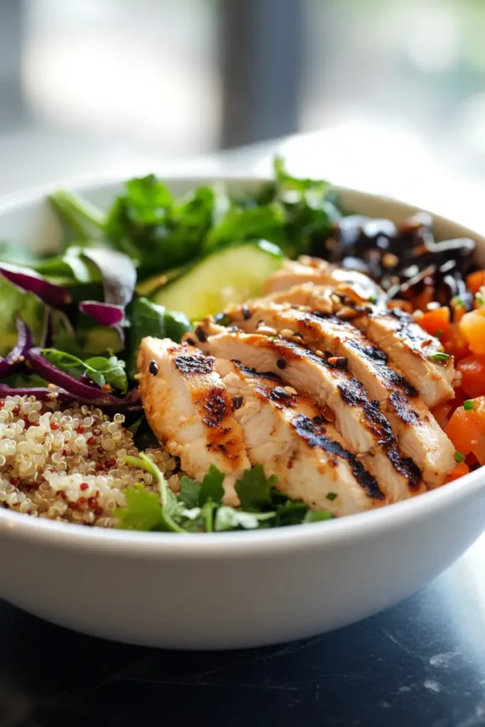 Mounjaro Diet Plan PDF Grilled chicken quinoa salad bowl with colorful vegetables and greens
