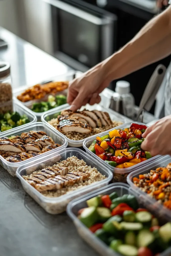 Meal prepping healthy grilled chicken with brown rice and vegetables