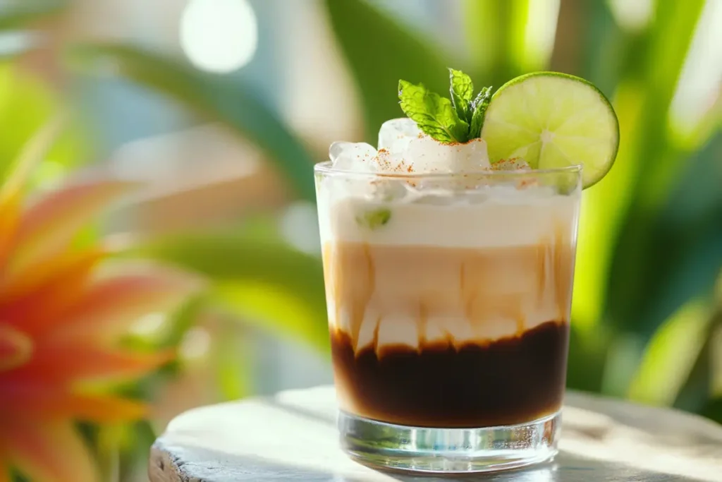 Creamy iced coffee mocktail with lime and mint garnish