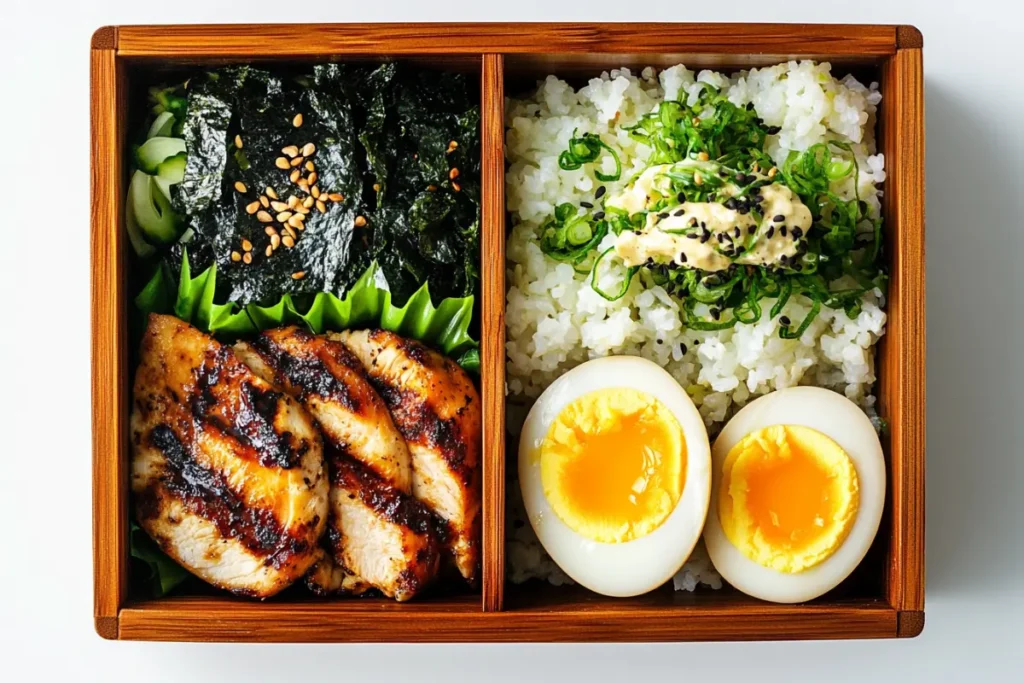 Japanese bento box with grilled chicken, soft-boiled eggs, rice, and seaweed