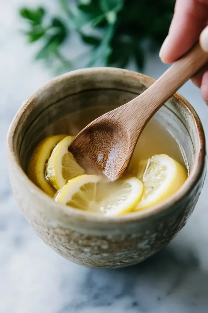 Stirring Japanese Mounjaro Recipe with lemon in ceramic cup
