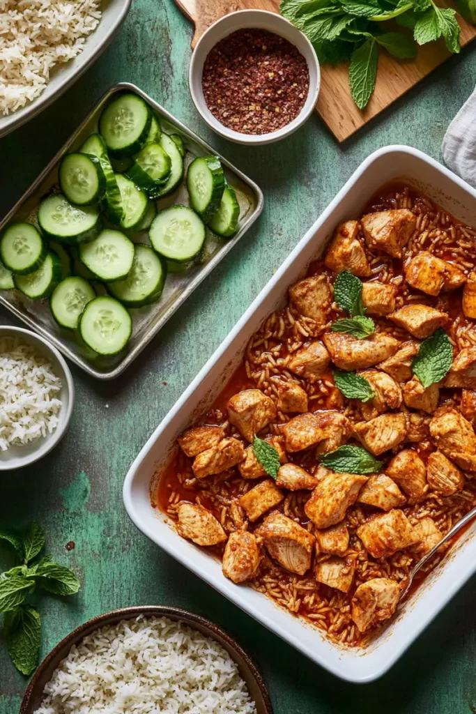 Baked Chicken Shawarma with Rice and Cucumbers