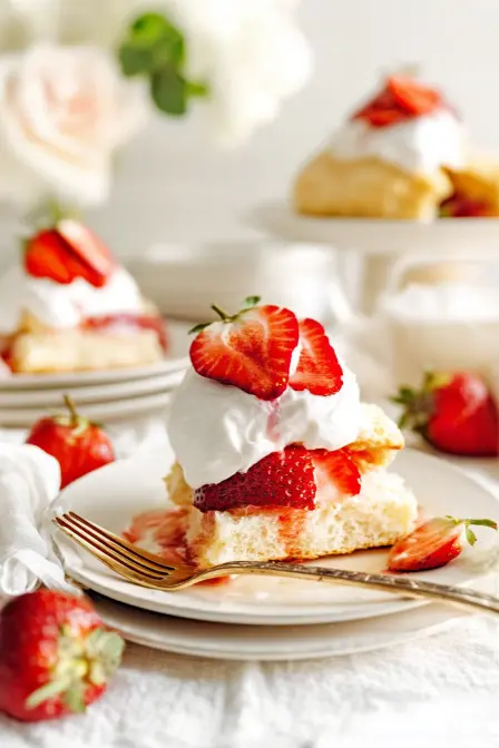 Plated strawberry shortcake dessert with whipped cream and sliced strawberries in a bright brunch setting