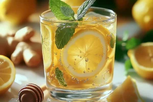 Cold lemon and ginger tea in clear glass