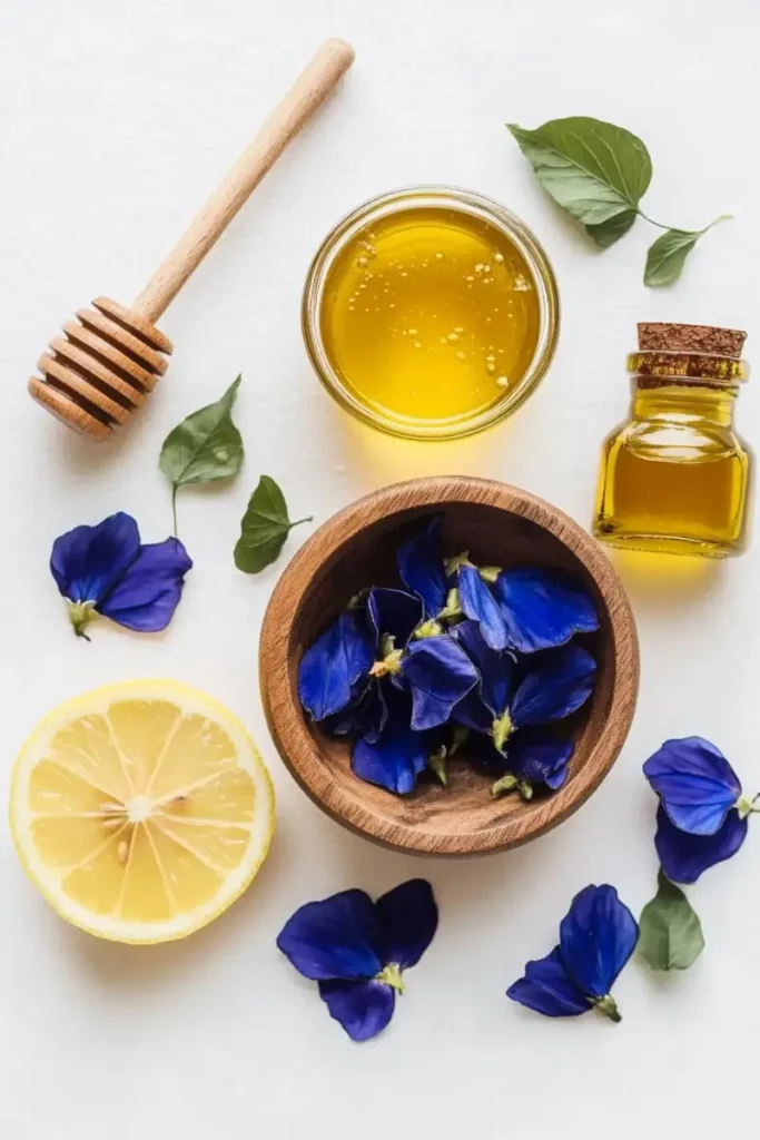 Natural butterfly pea tea ingredients on minimal surface