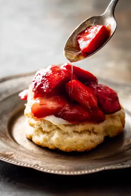 Adding sugared strawberries onto a biscuit for strawberry shortcake recipe