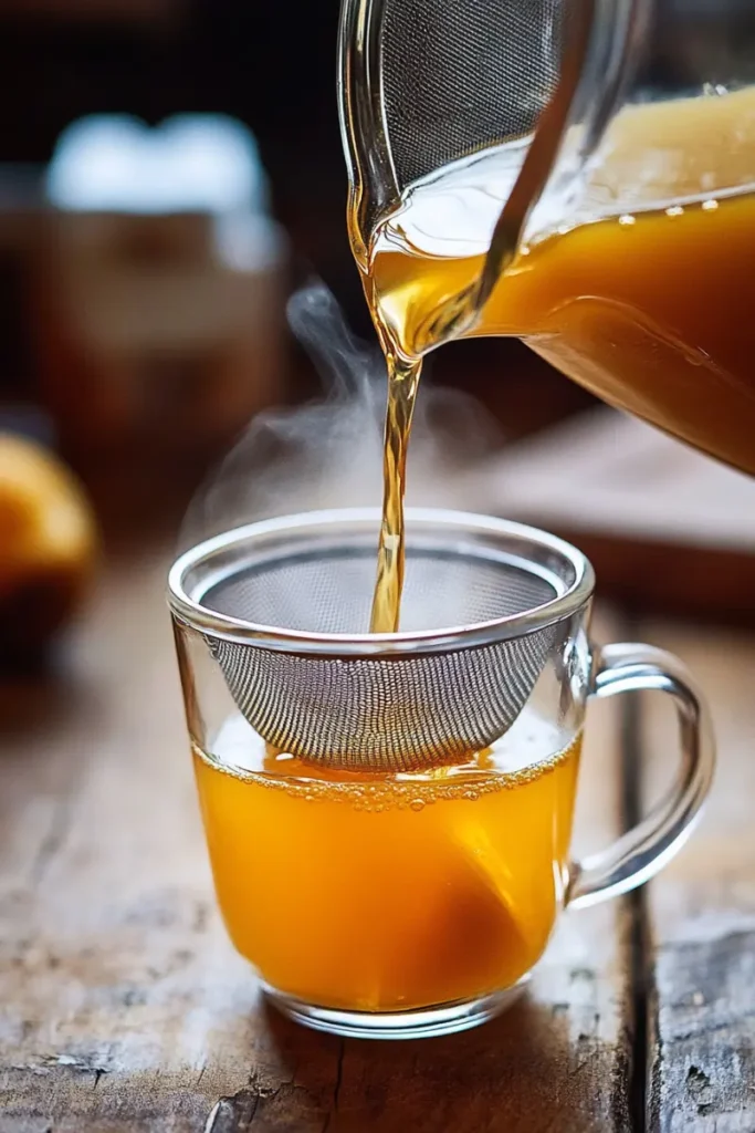 Pouring Apple Cider Vinegar Detox Drink through mesh strainer into glass