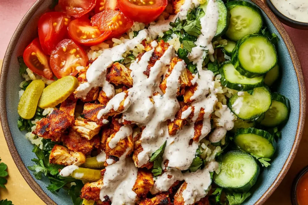 Chicken Shawarma Rice Bowl with Fresh Cucumbers and Tomatoes