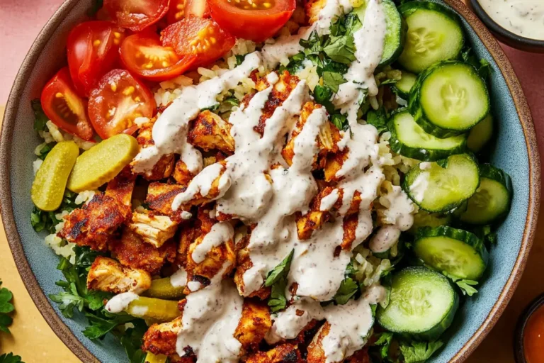 Chicken Shawarma Rice Bowl with Fresh Cucumbers and Tomatoes