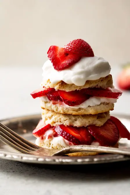 Strawberry shortcake dessert stacked with whipped cream and strawberries