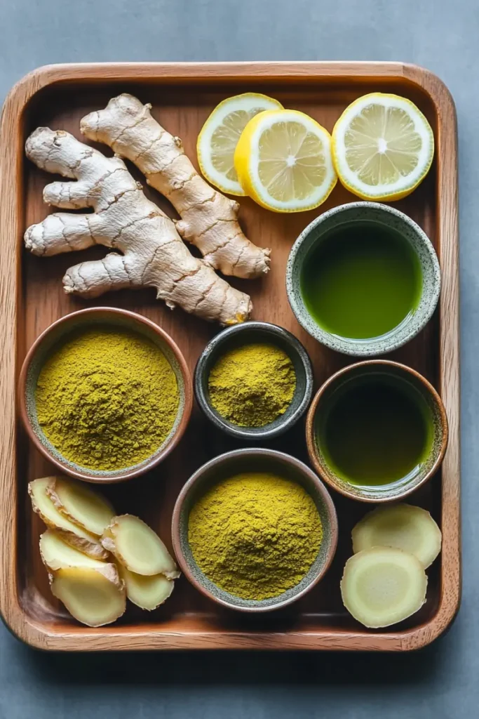 Ginger, lemon, and matcha ingredients for Japanese Mounjaro Recipe