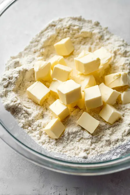 Cold butter cubes in flour for homemade strawberry shortcake biscuits