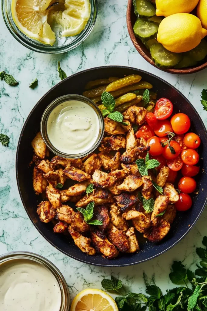 Grilled Chicken Shawarma Platter with Pickles and Tahini Sauce