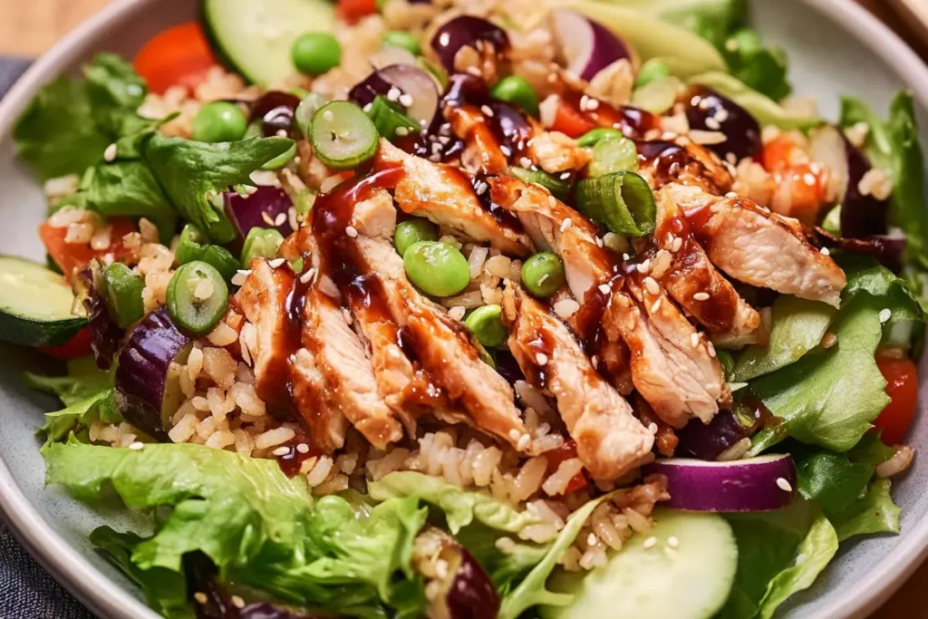 Salad with teriyaki chicken and edamame
