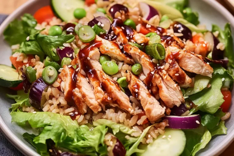 Salad with teriyaki chicken and edamame