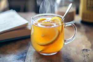 Steaming mug of Apple Cider Vinegar Detox Drink on rustic wood table