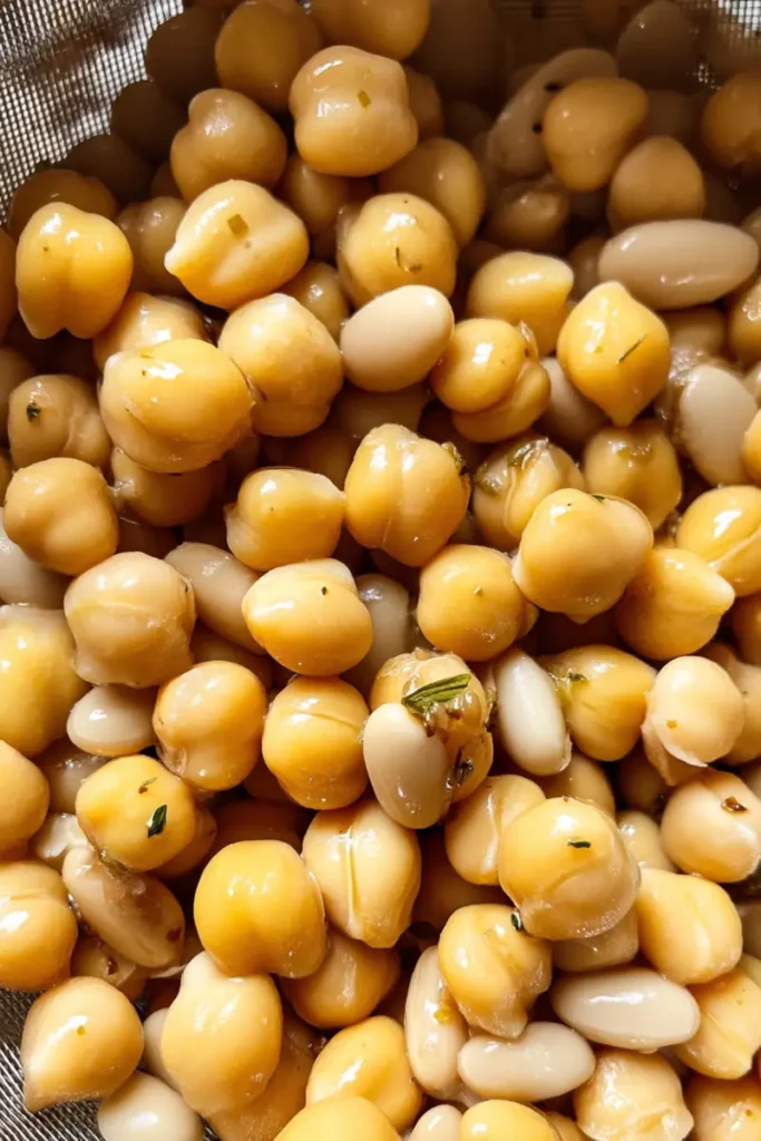 Drained butter beans and chickpeas for Marinated Zaatar Bean Salad