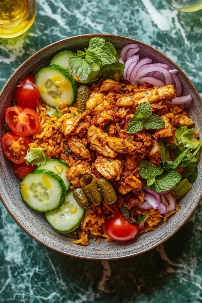 Chicken Shawarma Crispy Rice Salad Bowl with Fresh Mint and Pickles