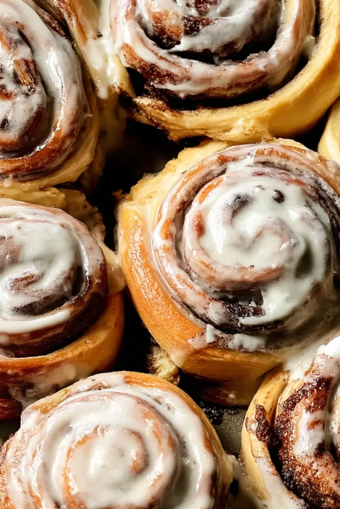 Close-up of gooey cinnamon rolls in baking dish
