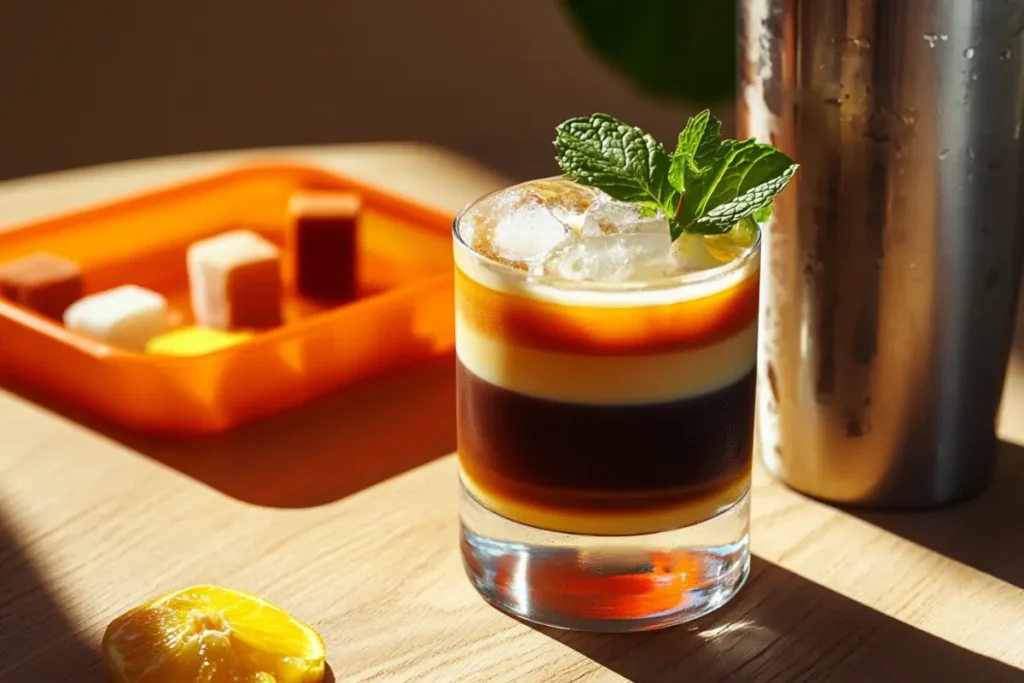 Colorful iced coffee mocktail with layered sweeteners and mint