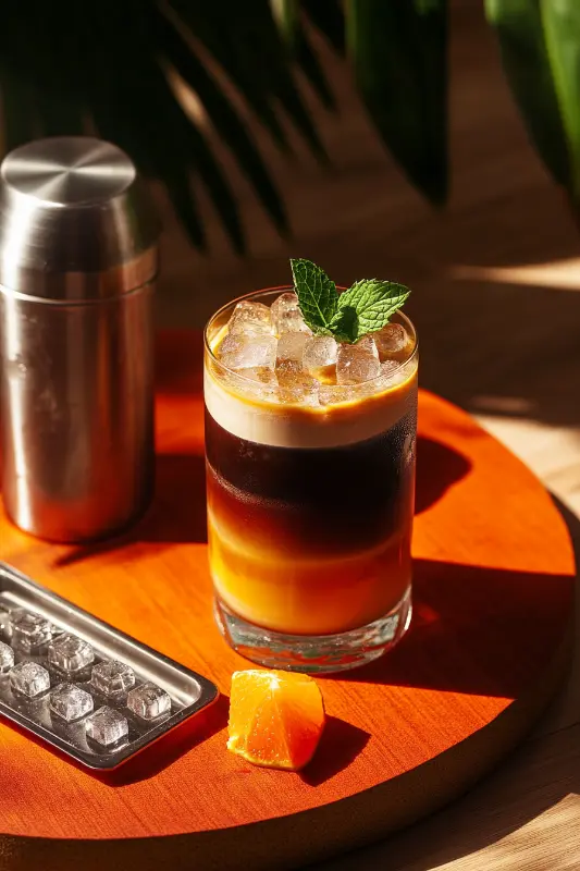 Layered iced coffee mocktail with mint on orange tray