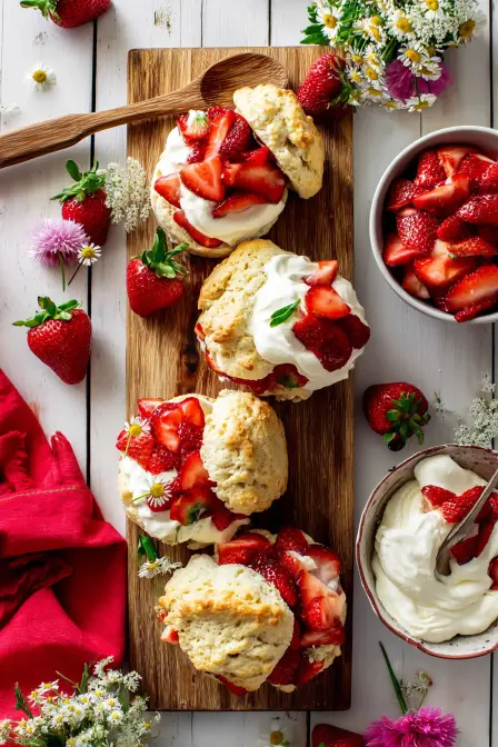Baked shortcake biscuits with bowls of strawberries and whipped cream on white marble surface