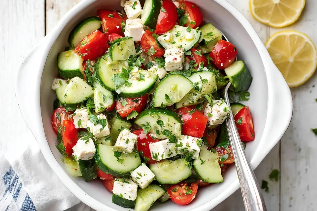 Greek cucumber salad with cherry tomatoes, feta, and herbs in white bow