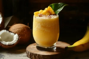 Brazilian Mounjaro smoothie topped with banana slices, mango cubes, and coconut