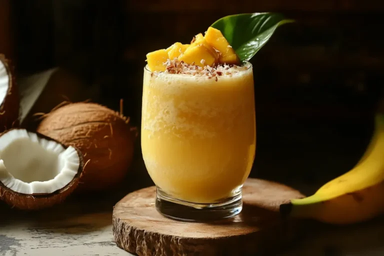 Brazilian Mounjaro smoothie topped with banana slices, mango cubes, and coconut