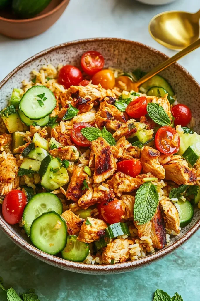 Grilled Chicken Shawarma Salad Bowl with Rice and Vegetables