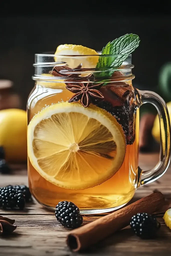 Lemon and spice herbal tea in a glass mug