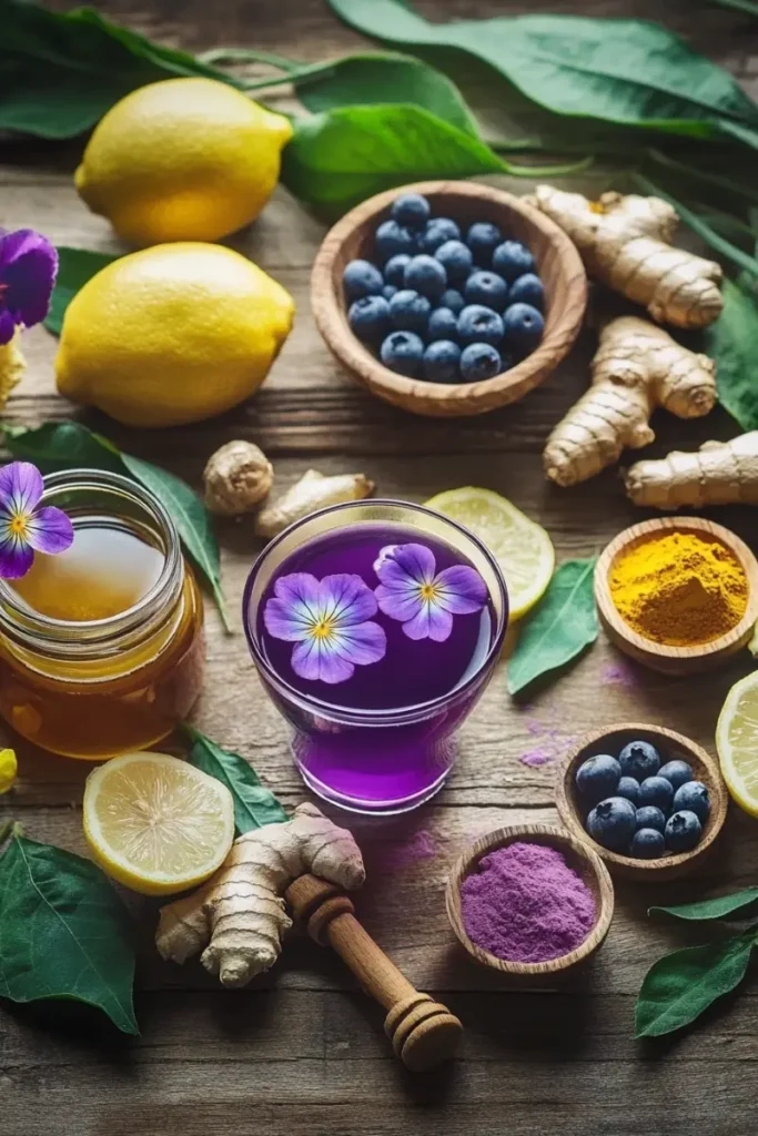Purple detox tea with ginger, turmeric, and botanicals