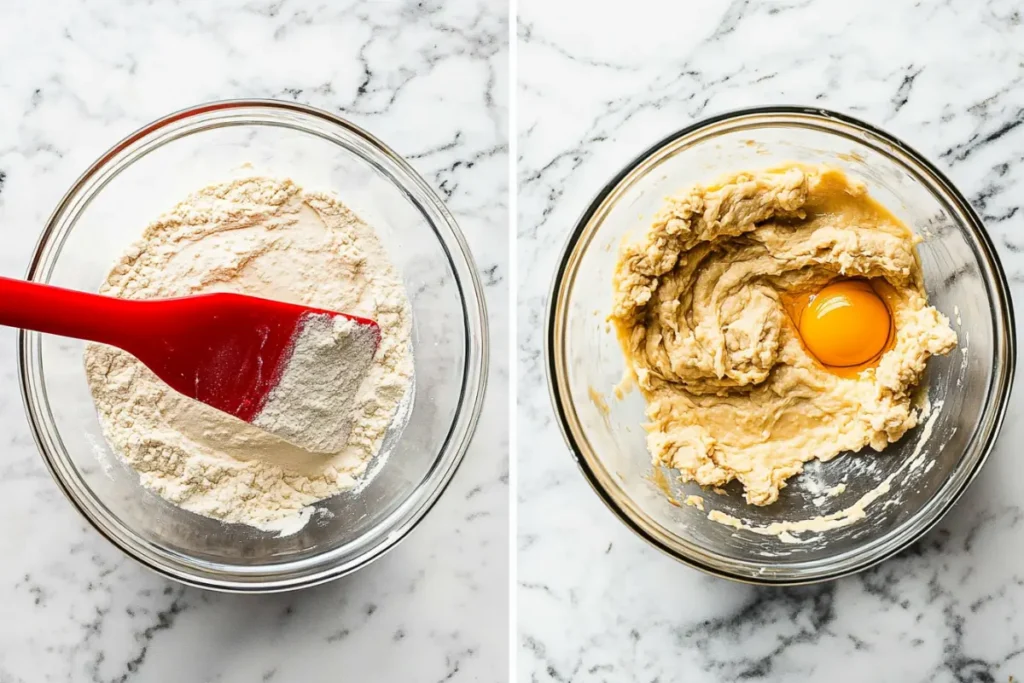 Mixing flour and eggs for cinnamon roll dough in glass bowls